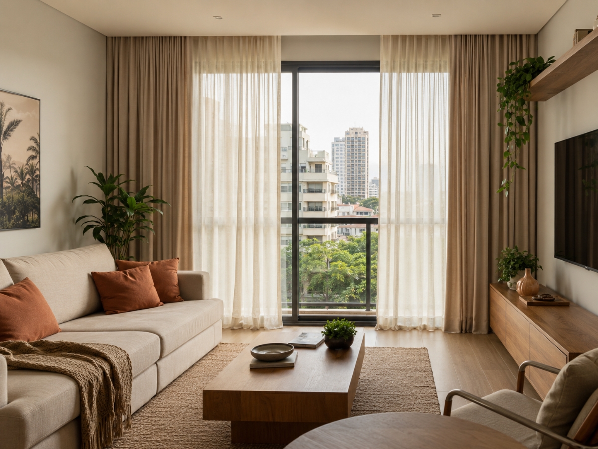 Sala iluminada naturalmente, com cortinas longas e translúcidas que filtram a claridade e ajudam a criar uma composição mais leve e acolhedora.