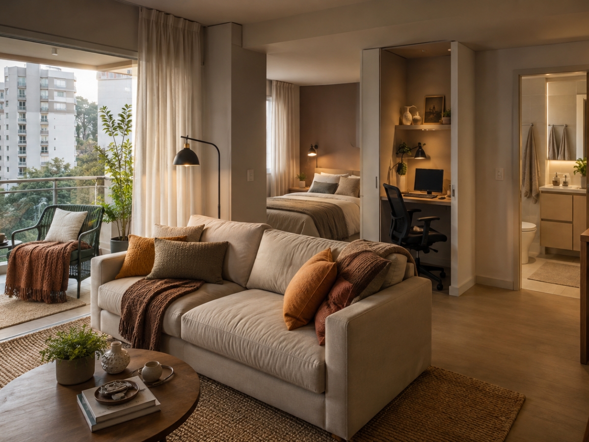 Vista ampla de apartamento com sala, varanda, quarto, home office e banheiro, mostrando como diferentes ambientes podem ser adaptados para uma rotina mais acolhedora no inverno.