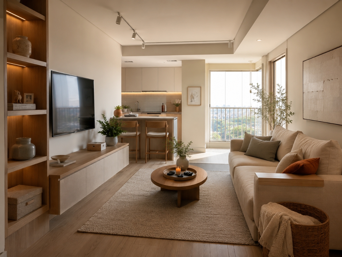 Sala integrada à cozinha com poucos objetos à vista, mobiliário proporcional e soluções de organização que preservam a circulação e deixam o ambiente visualmente mais leve.
