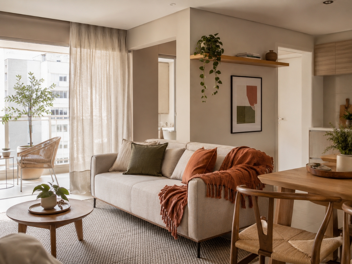 Apartamento integrado com base neutra e pontos de terracota e verde, além de manta, tapete e elementos em madeira que aquecem visualmente o espaço