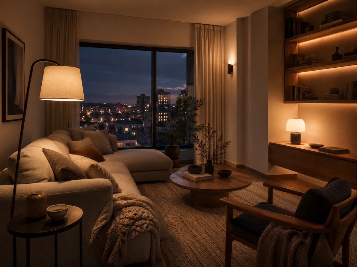 Sala de estar com diferentes pontos de iluminação indireta, incluindo luminária de piso, abajur e luz nas estantes, criando uma atmosfera confortável ao anoitecer.