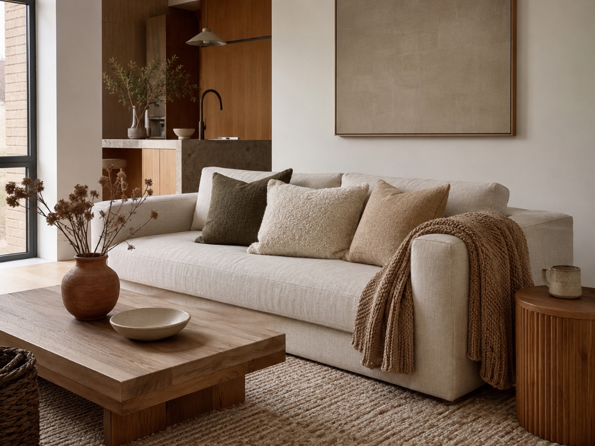 Sala em tons neutros com sofá claro, almofadas texturizadas, manta de tricô, madeira e fibras naturais, combinação que acrescenta conforto visual sem pesar na decoração.