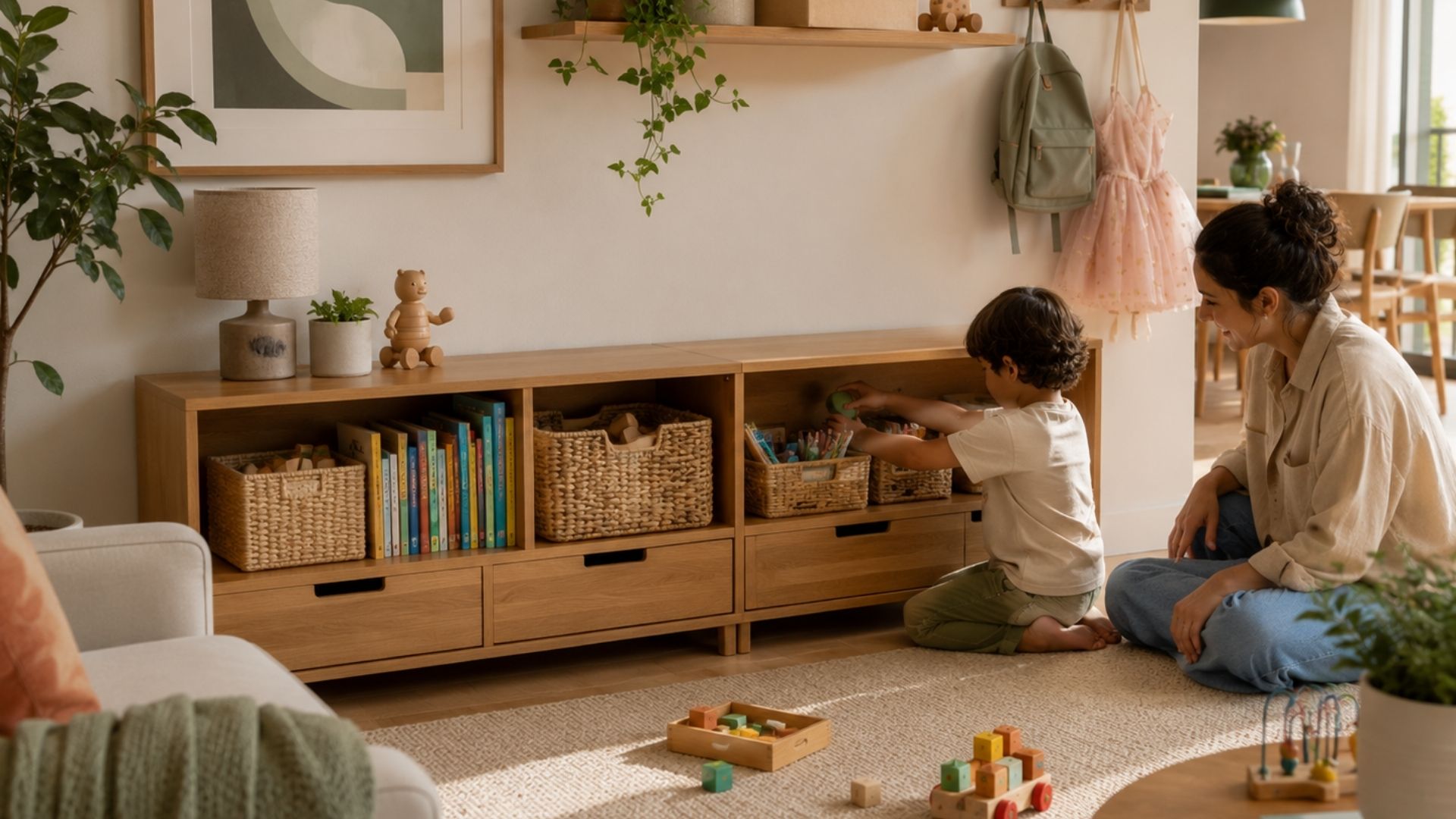 crian&ccedil;a organizando brinquedos em apartamento