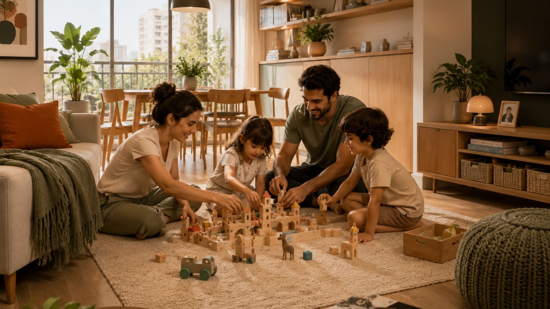 fam&iacute;lia brincando com crian&ccedil;as em apartamento